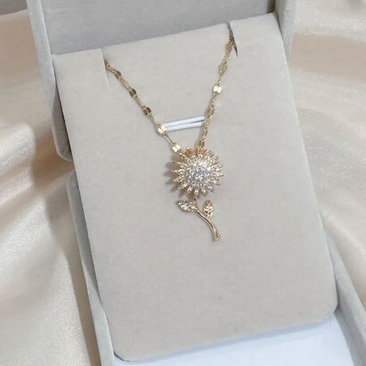 Rotatable Sunflower Pendant Necklace - Elegant Zircon Flower Jewelry for Women