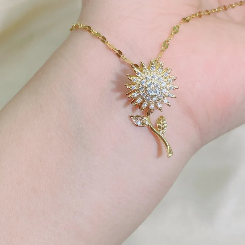 Rotatable Sunflower Pendant Necklace - Elegant Zircon Flower Jewelry for Women