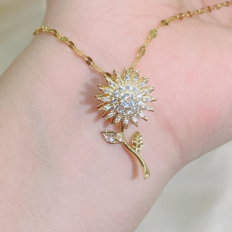 Rotatable Sunflower Pendant Necklace - Elegant Zircon Flower Jewelry for Women