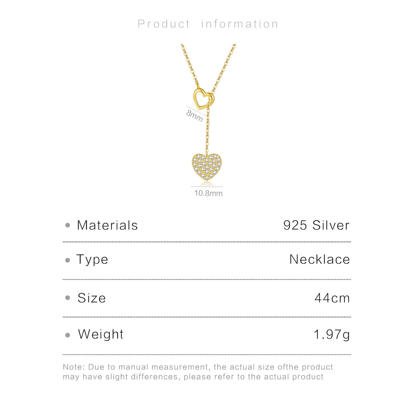 925 Sterling Silver Gold Love Heart Adjustable Necklace - Luxury Fine Jewelry for Women